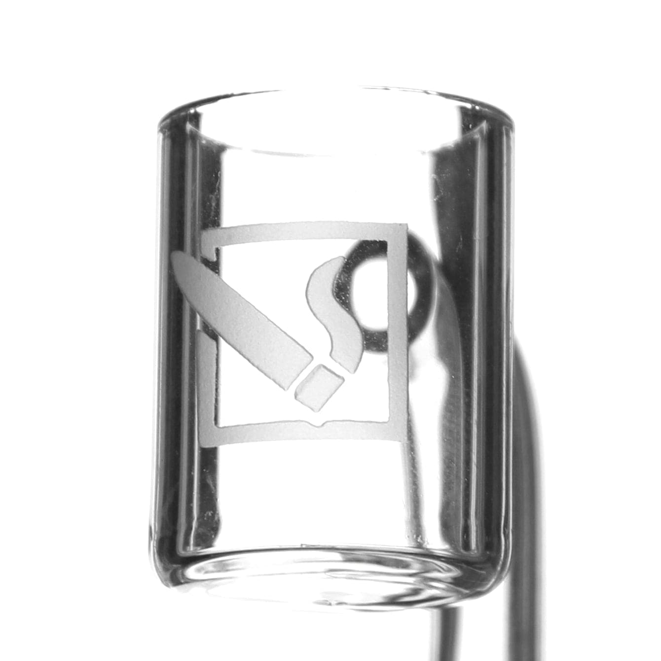 A close-up shot of the DHC Originals Sandblasted Doob Logo Banger, displaying the etched logo on clear glass.
