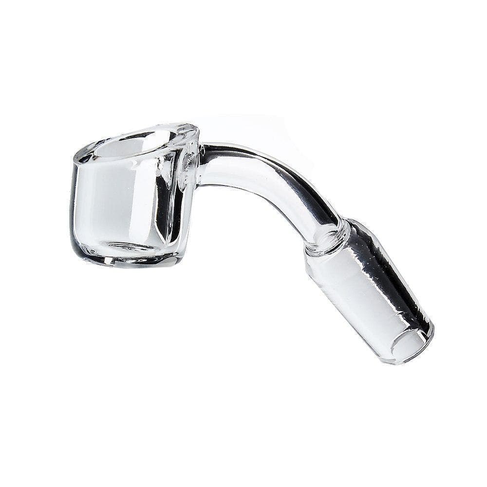 A close-up, angled view of the 14mm 45 degree Quartz Banger, showcasing its clear quartz construction and angled design.