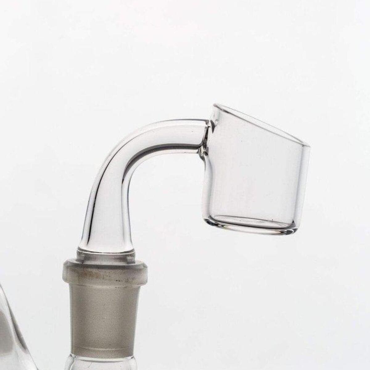 Close-up view of the 14mm Quartz Banger, showcasing its clear quartz construction and angled design.
