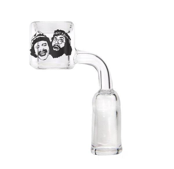 A close-up, angled view of the Quartz Thermal Banger, showcasing its clear glass construction and circular opening.