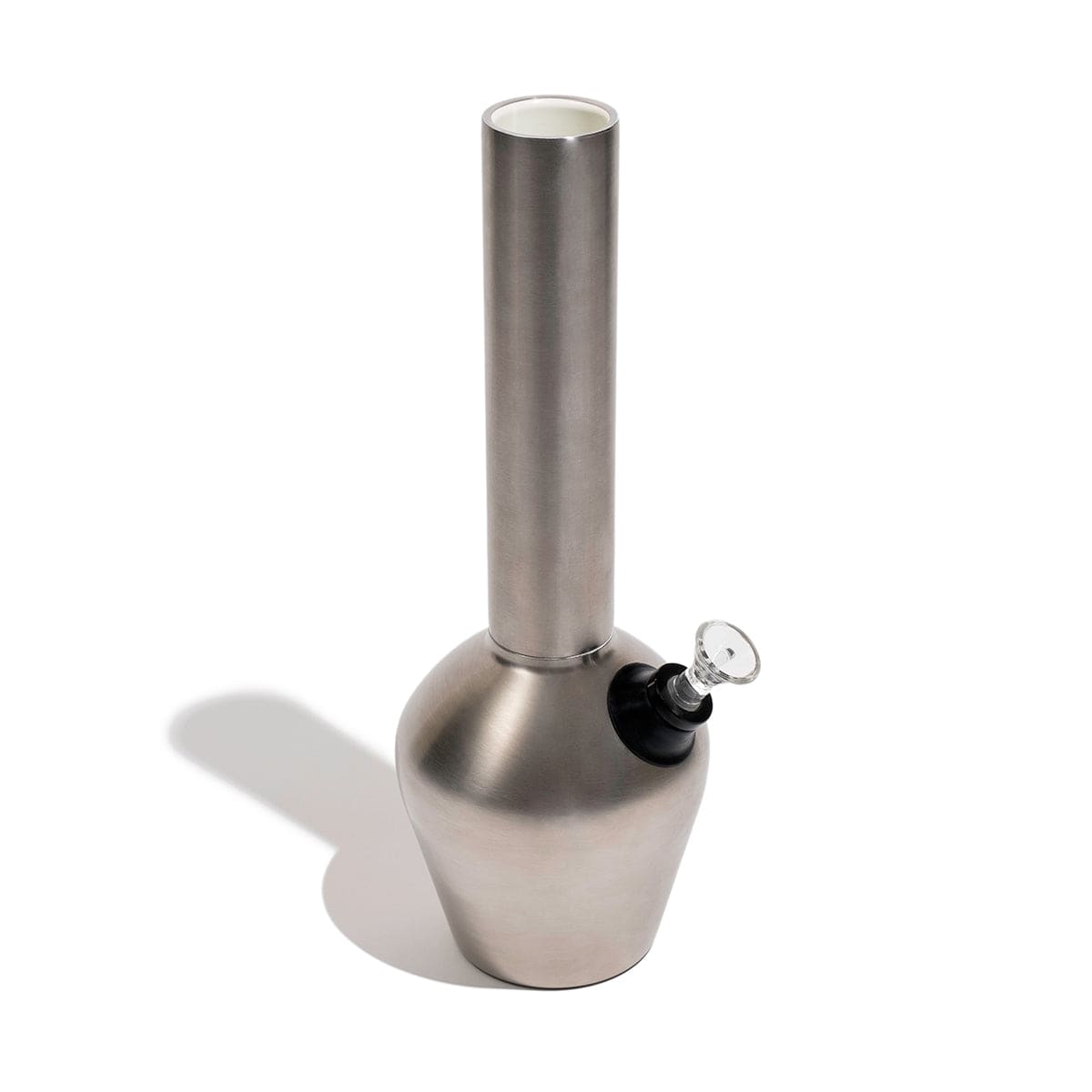 A front view of the Chill Steel Pipes Classic Stainless Steel Water Pipe, displaying a sleek, metallic finish and cylindrical shape.