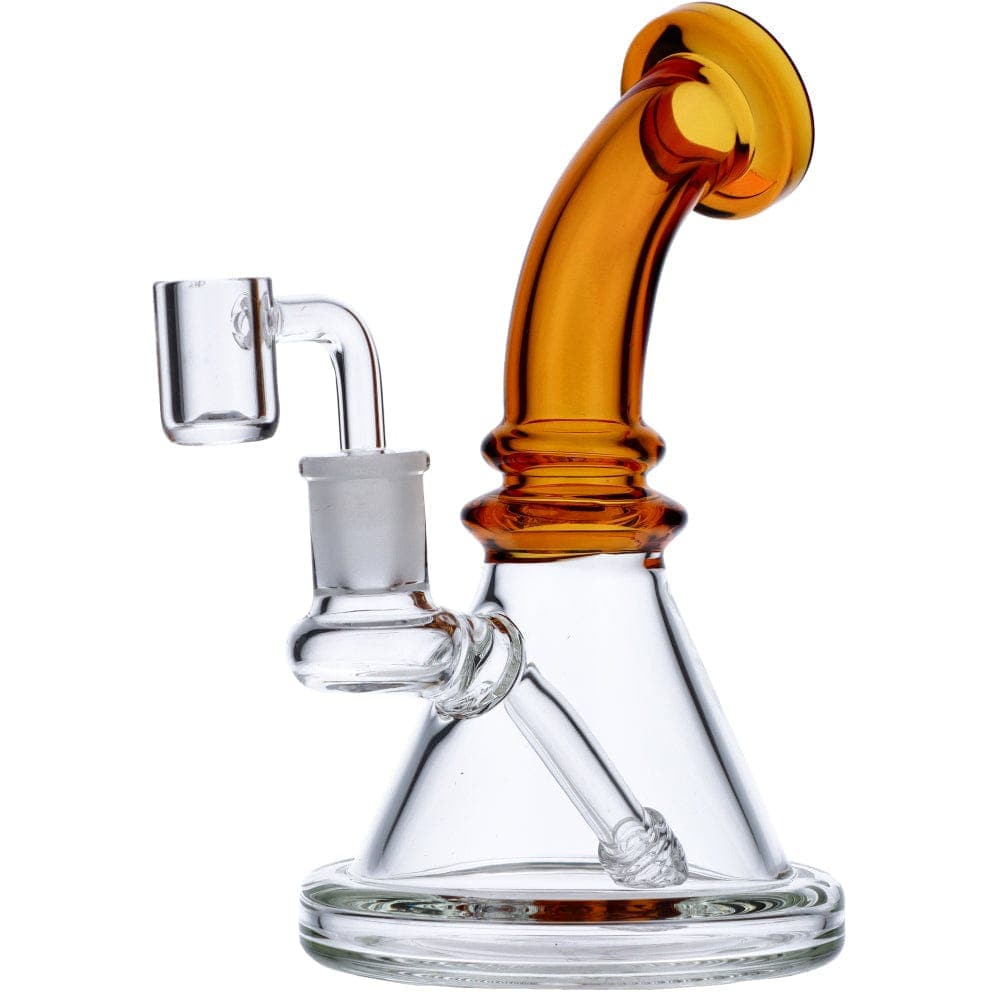 A front view of the 7" Mini Bent Neck Waterpipe in yellow glass, showing the curved neck and simple beaker shape.