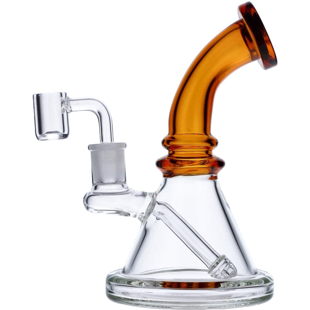 A front view of the 7" Mini Bent Neck Waterpipe - Yellow, showing its curved neck and clear glass construction.