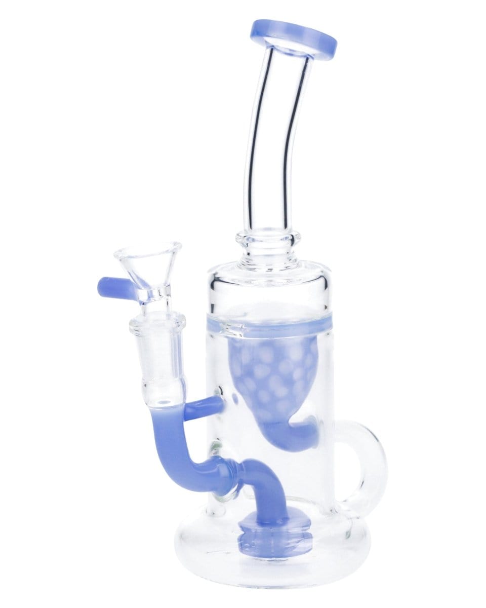 A side view of the 8-inch RCL-S-025MB Bent Neck Water Pipe, featuring a milky blue glass construction and curved neck design.