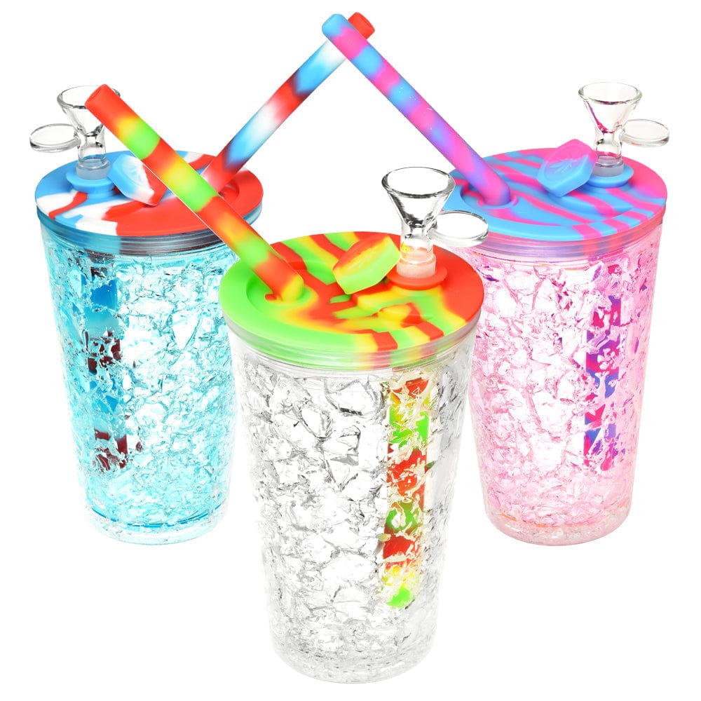 A close-up, angled view of the Cooling Freeze Travel Cup Bubbler, showing the translucent, textured design of the cylindrical cup.