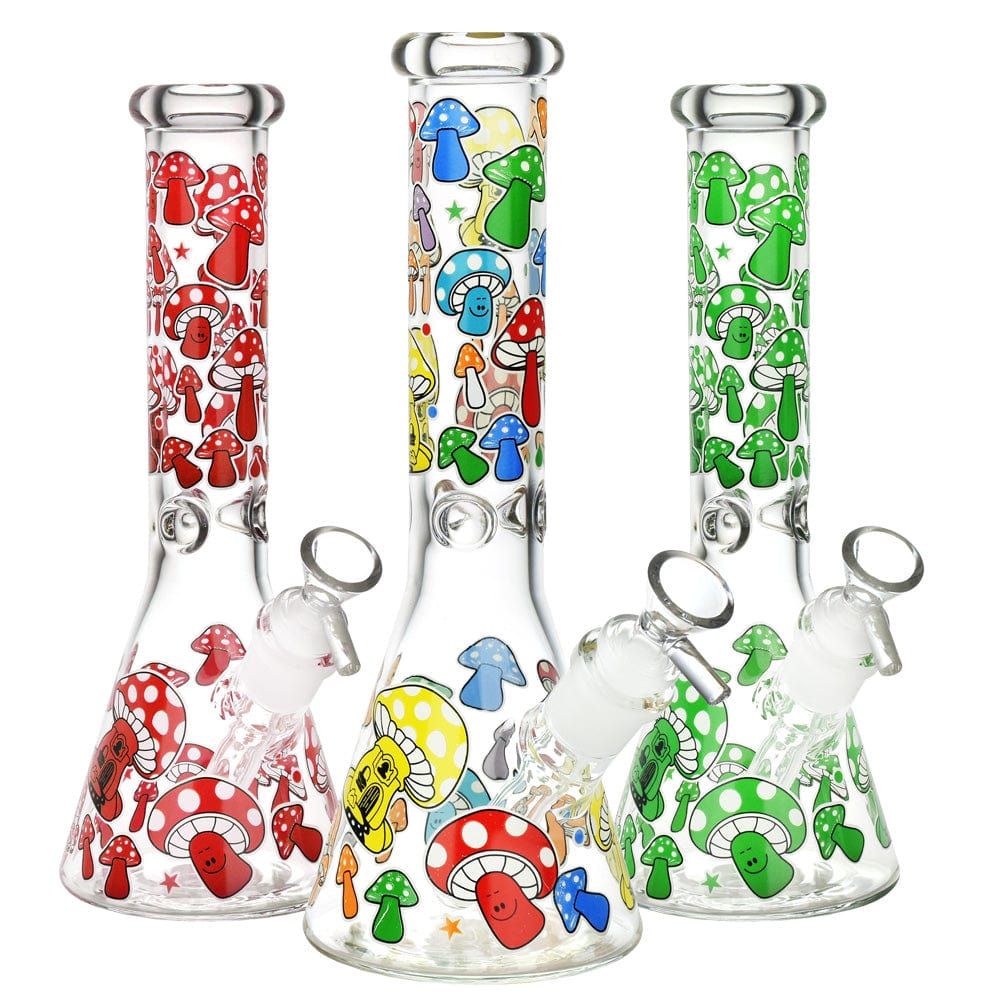 Front view of the Glow Mushroom 10" Beaker Water Pipe, featuring a colorful mushroom pattern on clear glass.