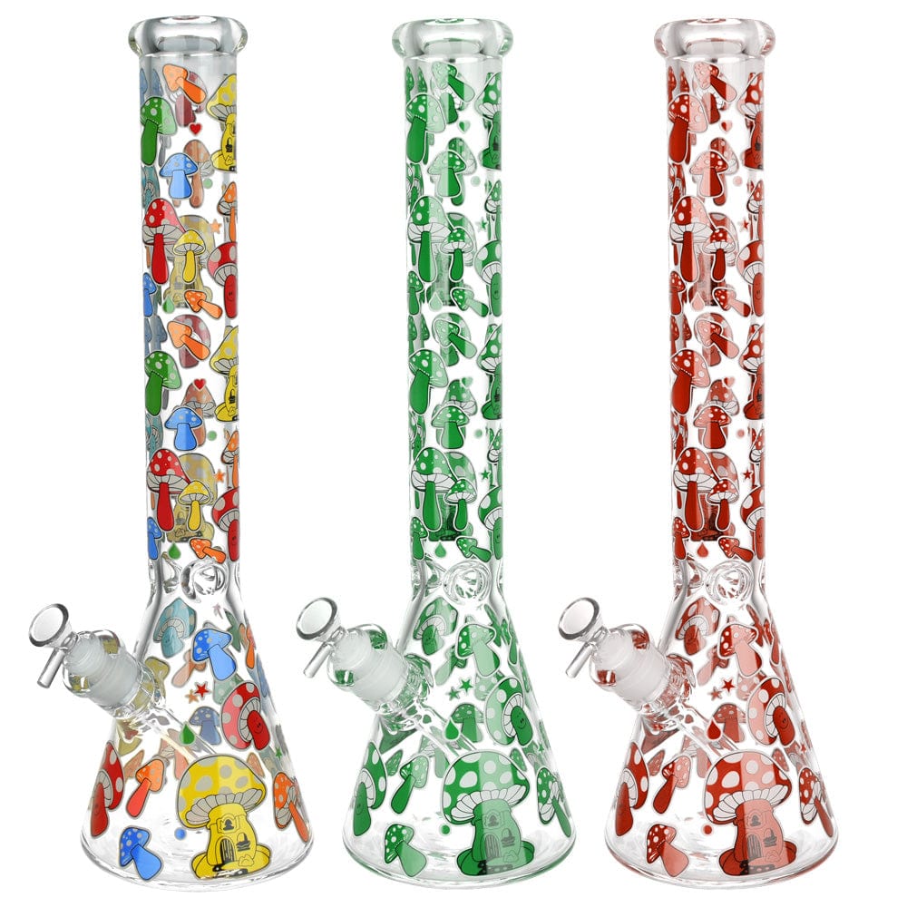 Front view of the 18-inch Glow Mushroom Beaker Water Pipe, showcasing a vibrant, patterned glass design.