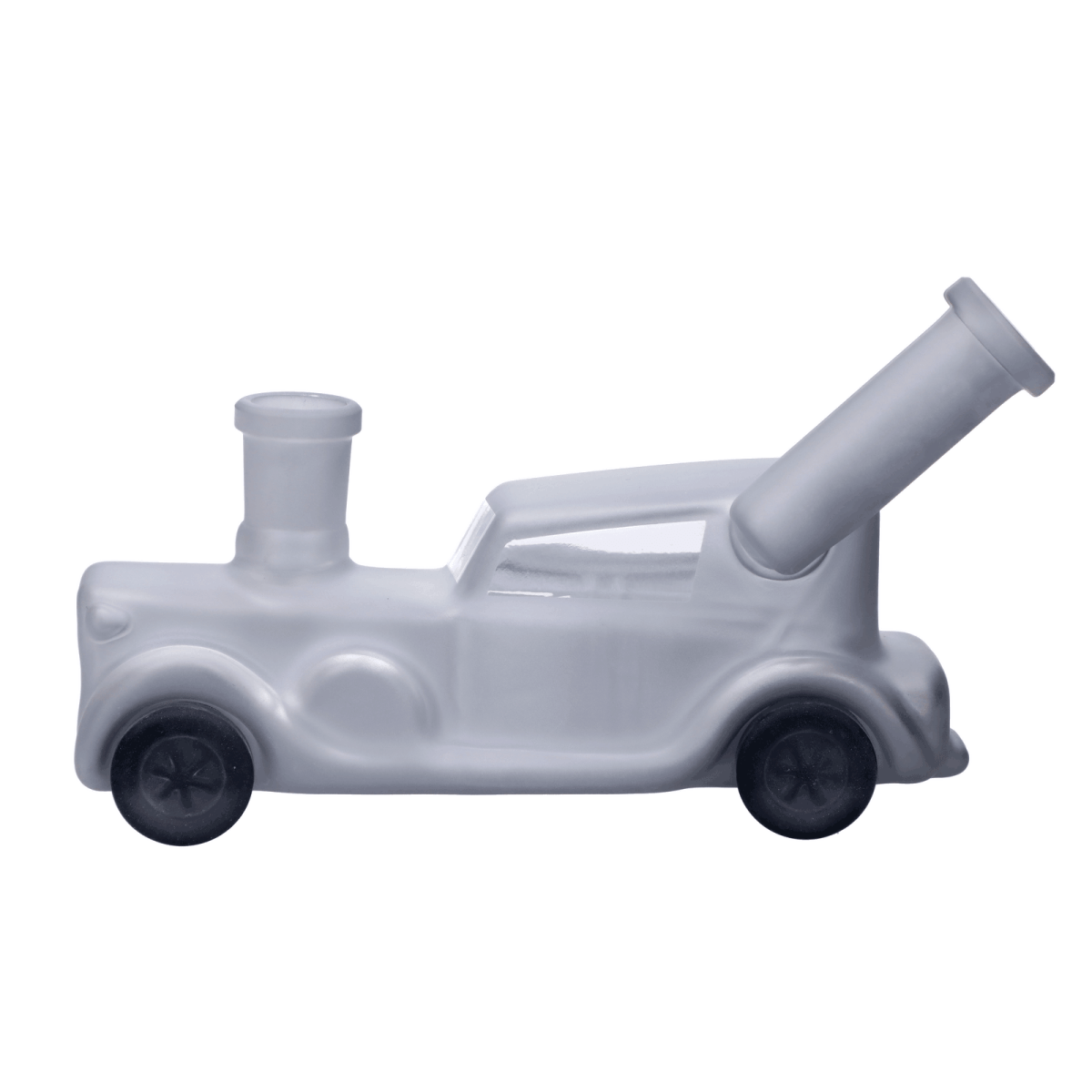 Front view of the Mobster Car Bong, a sculptural glass piece resembling a vintage car with a curved neck.