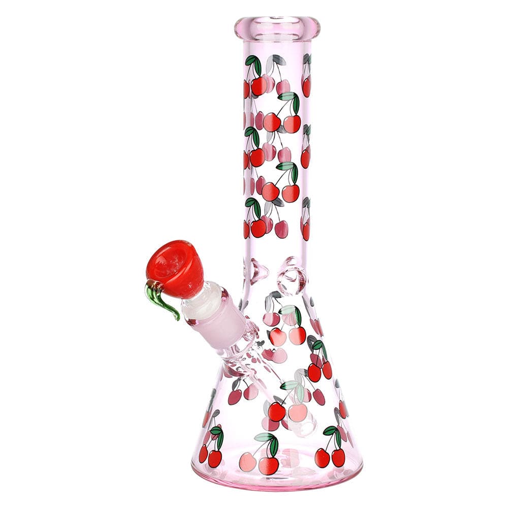 Front view of the “Life Is A Bowl Of Cherries 10" Beaker Water Pipe” with a red-speckled design on clear glass.