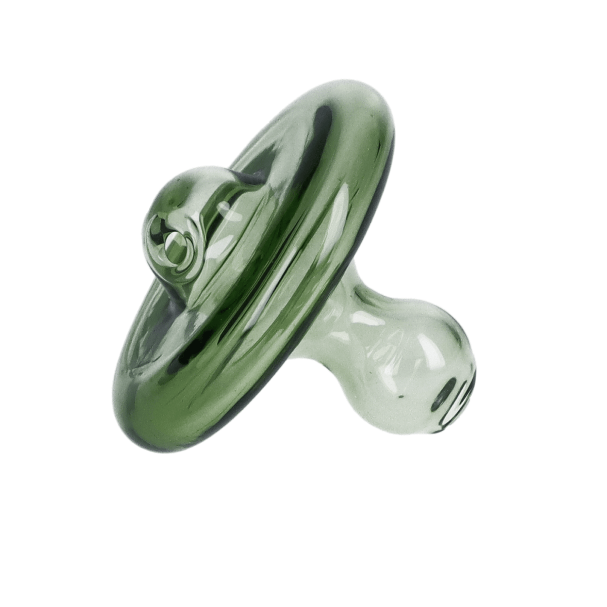 A slightly angled view of the Standard Green Carb Cap, showing its smooth, rounded shape and glossy green finish.