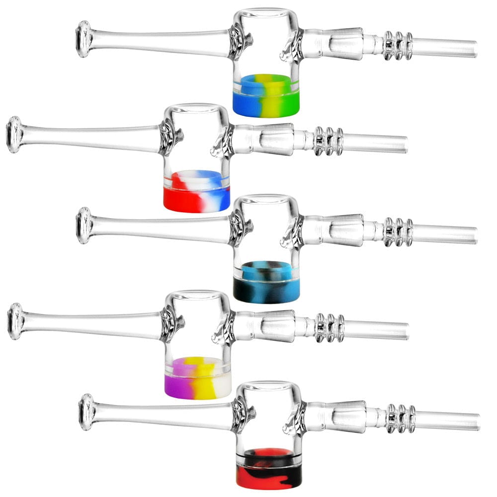 Top-down view of five Reclaimer Dab Straw - 7.5" / Colors Vary quartz dab straws lined vertically, each with a clear glass body and colorful silicone bases.