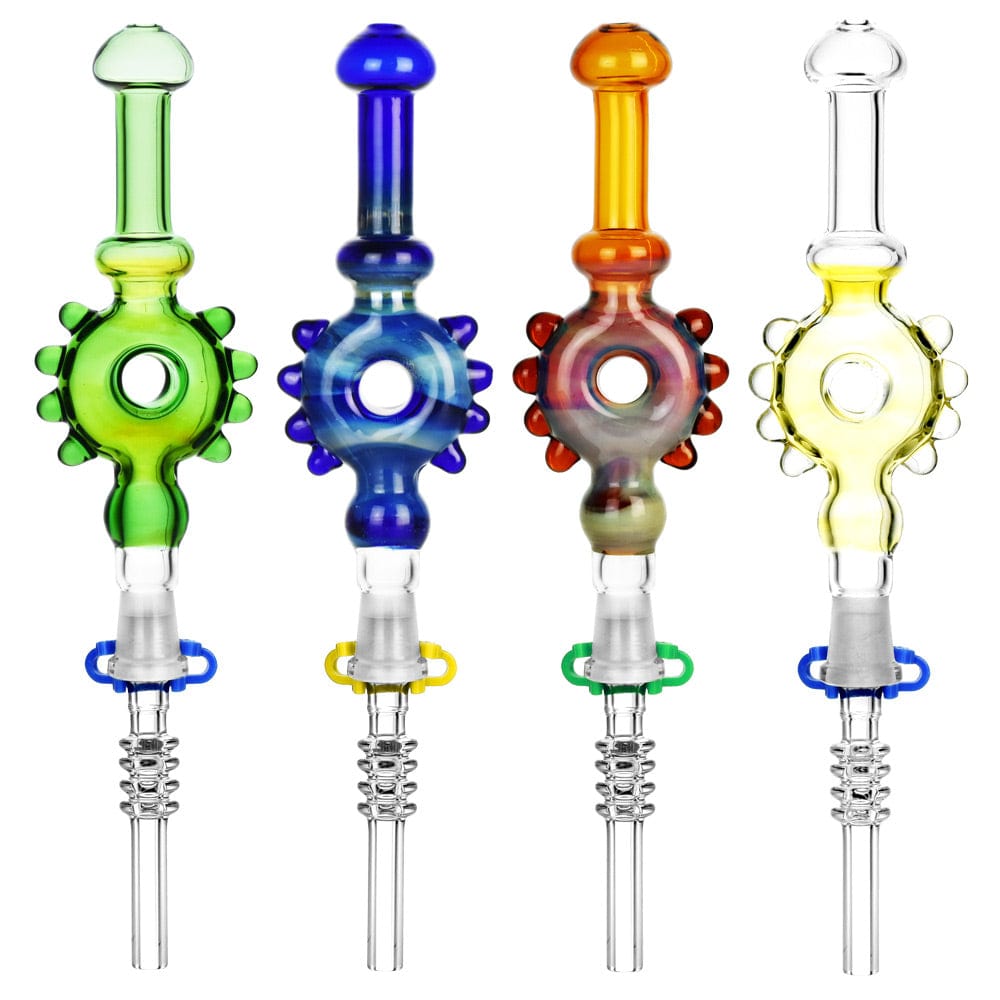 Front view of the 7.5-inch Studded Donut Dab Straw, showing a clear glass straw with textured, donut-shaped accents.