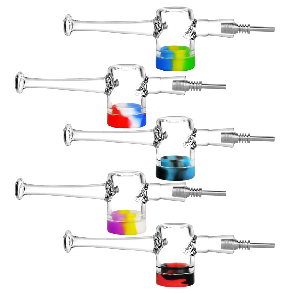 Front-facing arrangement of six Reclaimer Dab Straw - 7.5" / Colors Vary pieces showing clear glass bodies with long stems and multi-colored silicone bases in various color mixes.
