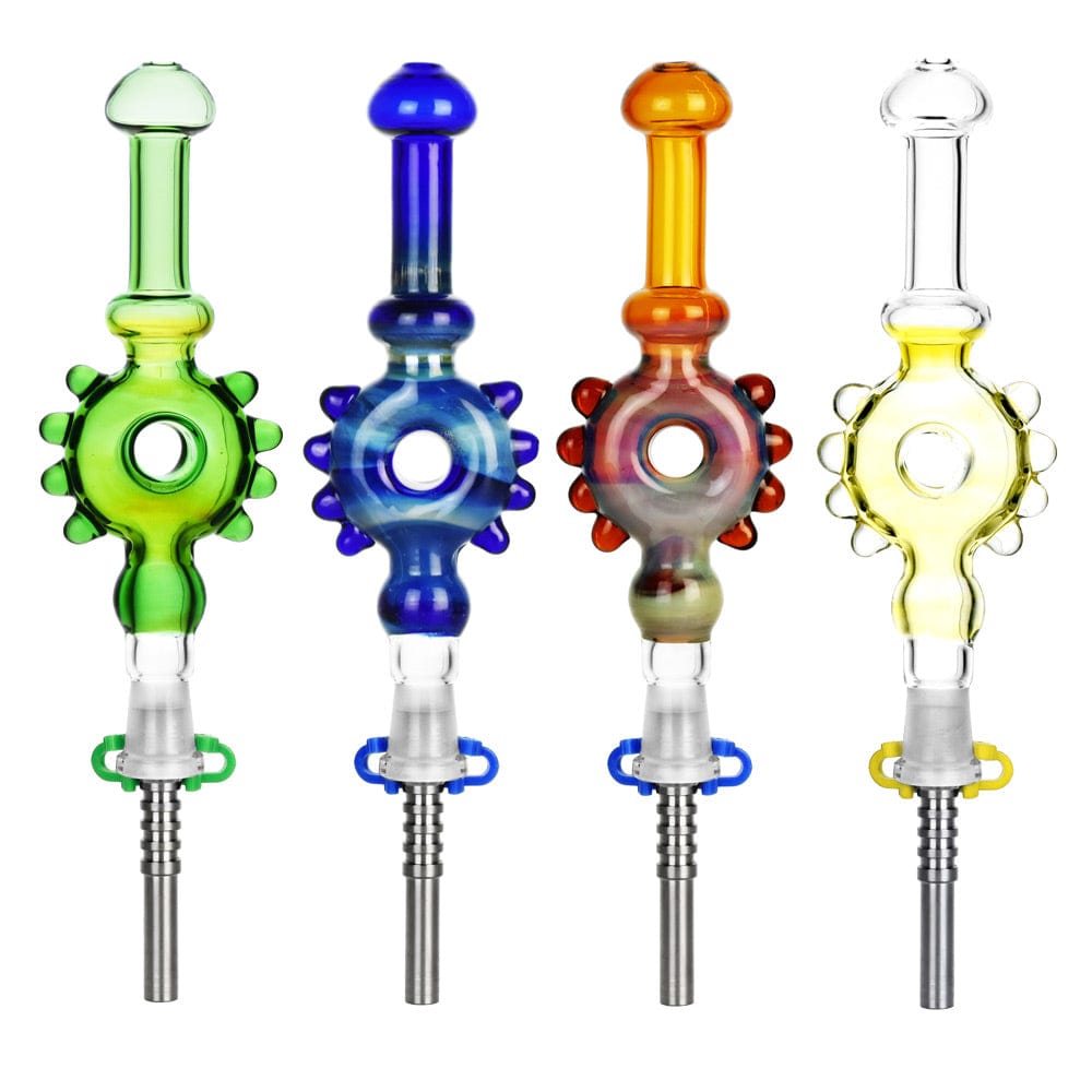 Front view of the Studded Donut Dab Straw, a 7.5-inch glass straw with blue and clear studded accents, against a white background.