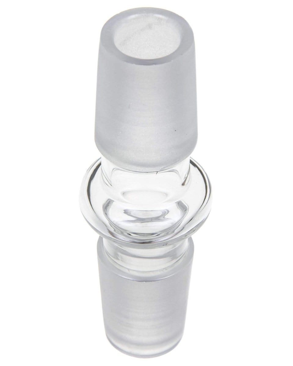 Close-up view of the Male to Male Glass Adapter, a clear glass connector with a rounded, cylindrical shape.