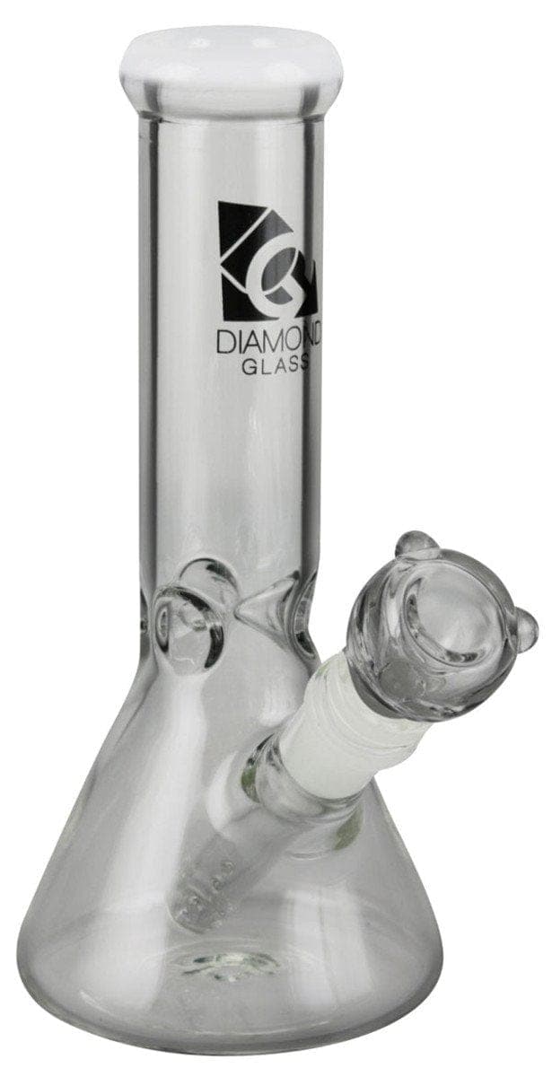 A studio shot of the Diamond Glass 8" Classic Beaker Bong, showing the clear glass form from a slightly elevated front angle.
