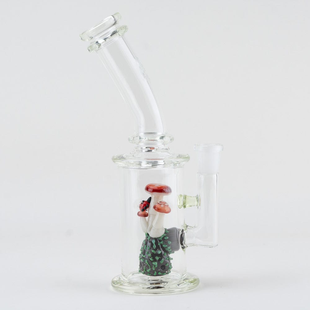 A three-quarter view of the Cosmic Mushrooms Mini Rig, displaying its sculpted glass design against a plain white background.