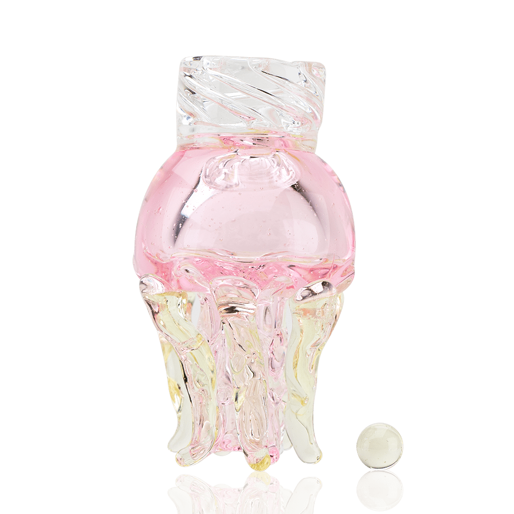 A front view of the UV Jellyfish Spinner Cap, featuring a clear, textured glass design resembling jellyfish tendrils.