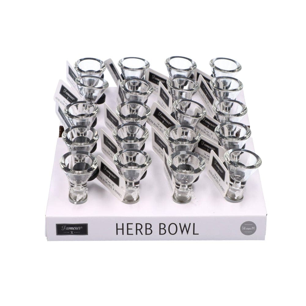 A tray of 20 Famous X 14mm Male Replacement Bowls is displayed in a top-down view, showing the clear glass pieces arranged closely together.