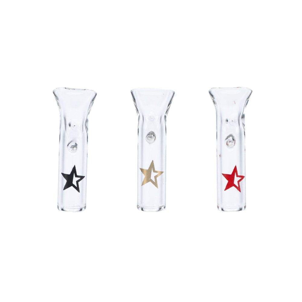 A close-up, top-down view of the Famous X Glass Filter Tips 3-Pack, showcasing their clear glass construction and simple cylindrical shape.
