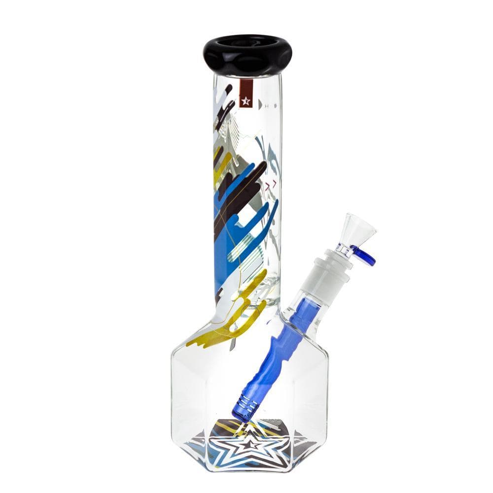Front view of the Octagon 12" Water Pipe, a clear glass pipe with a hexagonal base and black mouthpiece.