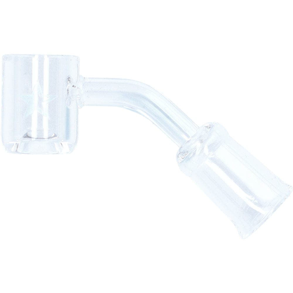 A 45-degree angle view of the Famous X Replacement Banger, showing the clear glass joint and curved neck.