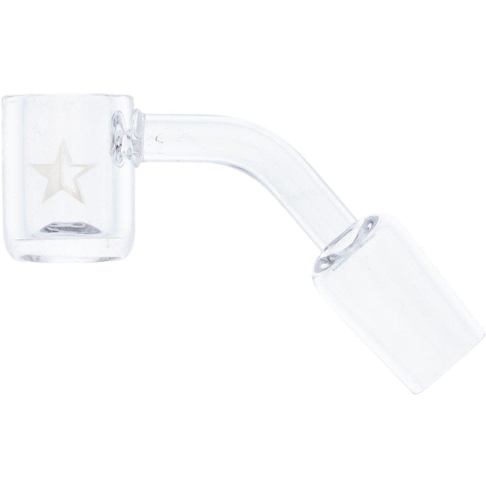 Close-up of the Famous X Replacement Banger with a 45-degree angle and 18mm male joint, appearing transparent in the image.