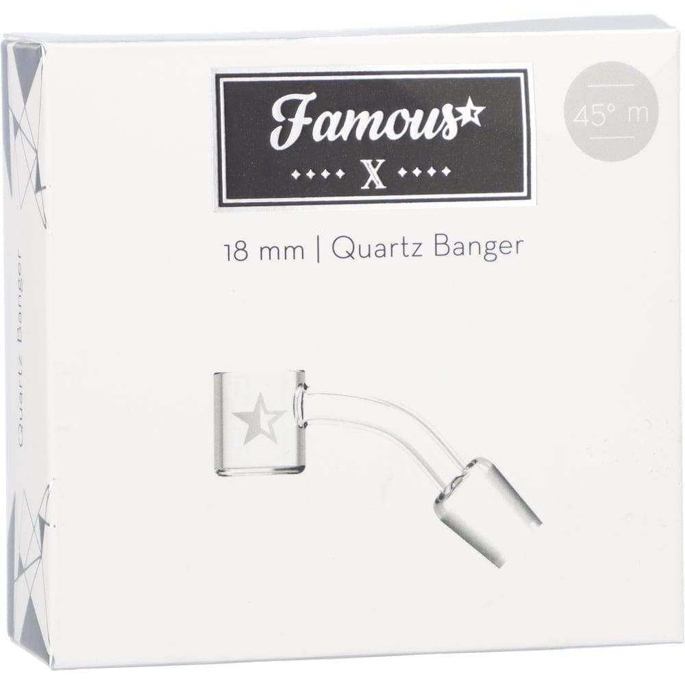 A close-up, angled view of the Famous X Replacement Banger, showcasing its 45-degree angle and clear quartz construction.