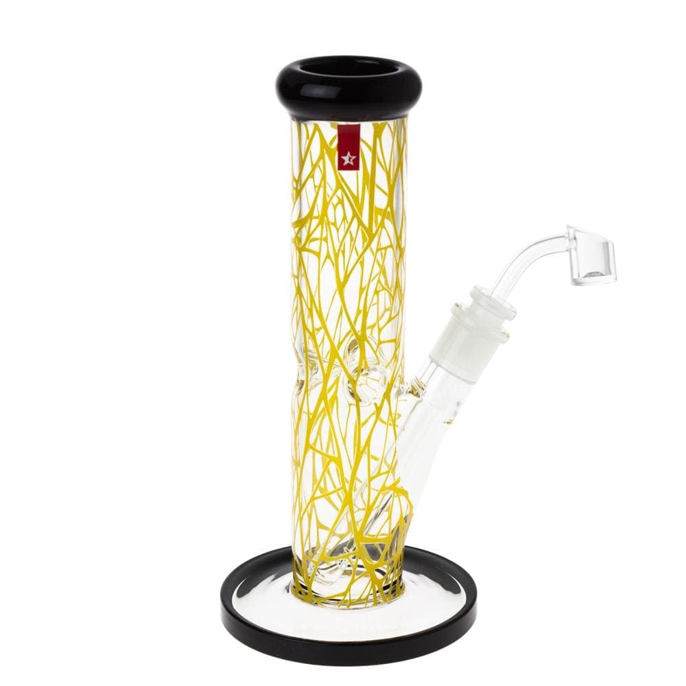 Front view of a clear glass Famous X Contact 10" Dab Rig Bong with yellow webbed trails, black-rimmed mouthpiece and base against a white background