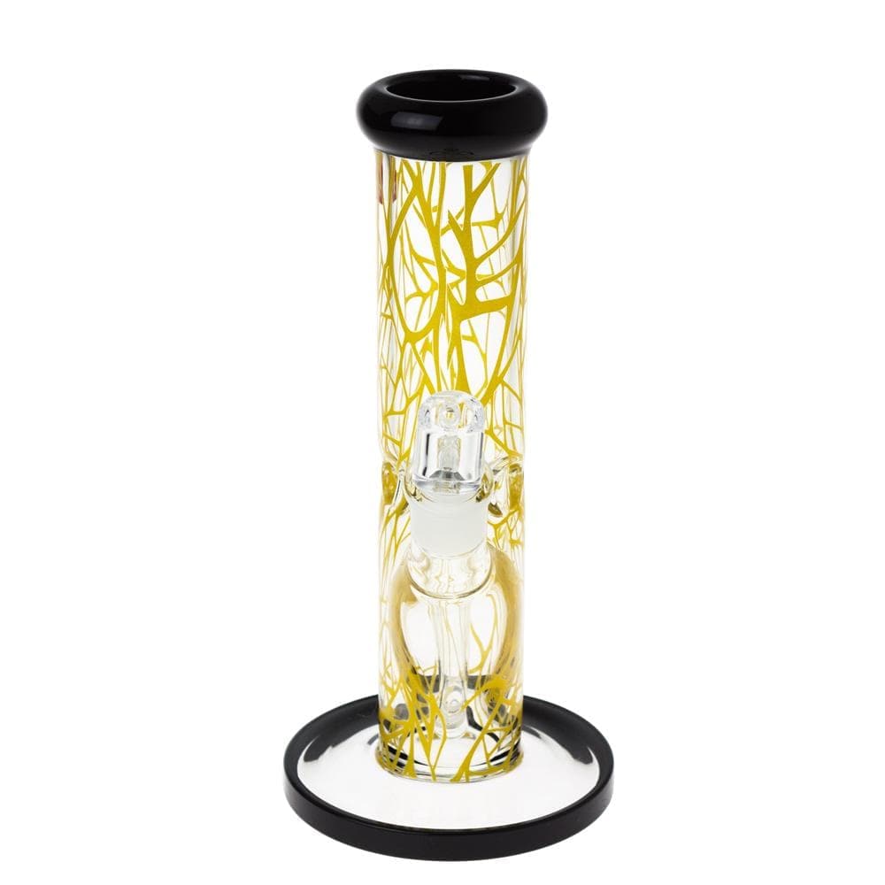 Front view of the Famous X Contact 10" Dab Rig Bong standing on a white background, clear glass tube patterned with yellow branching lines and black rim and base.