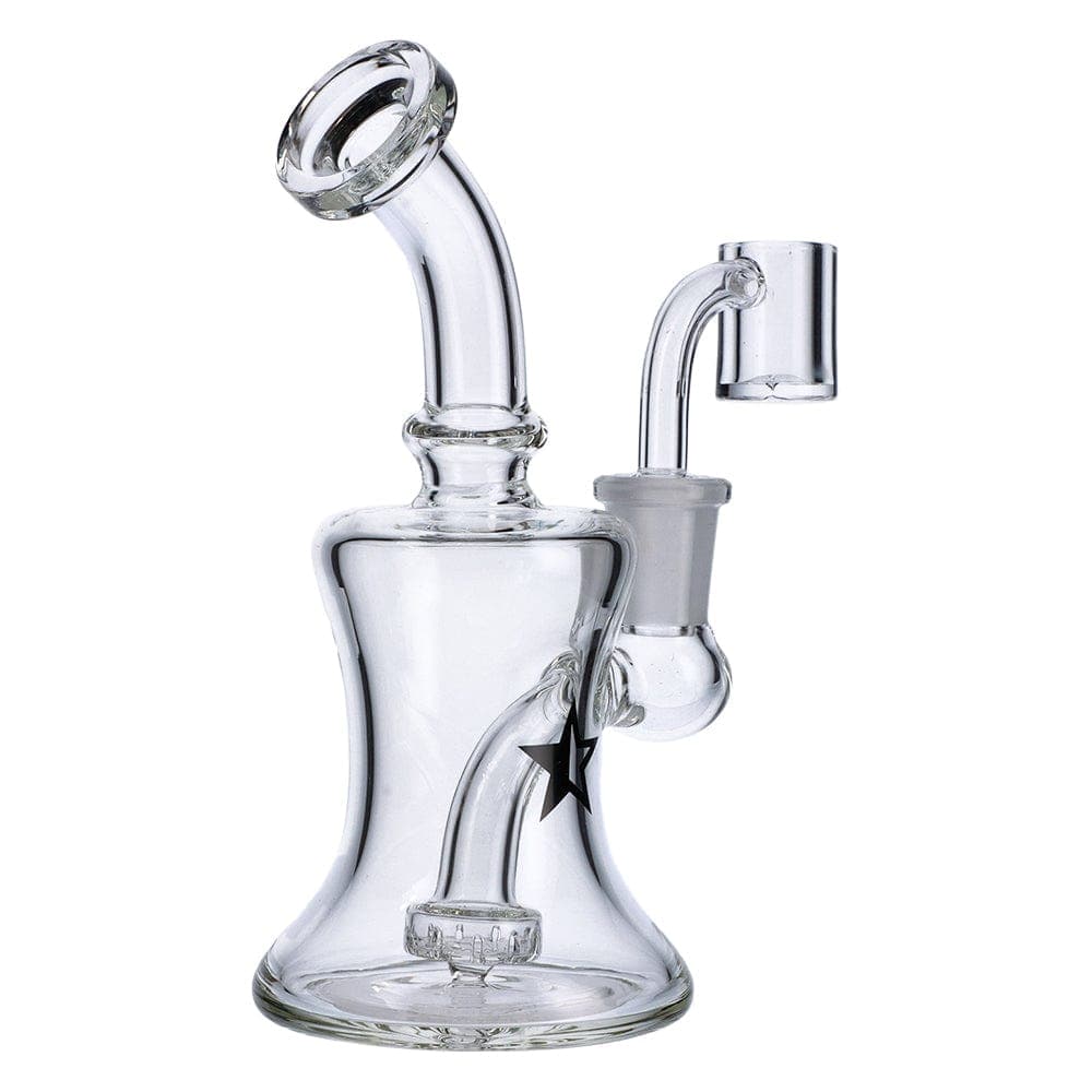 Front view of the Famous X 6" Bell Dab Rig, showing a clear glass rig with a bell-shaped base and visible joint.