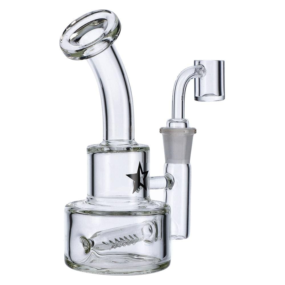 Front view of the Famous X 6" Stack Dab Rig, showing a clear glass rig with a stacked perc and a joint for concentrates.