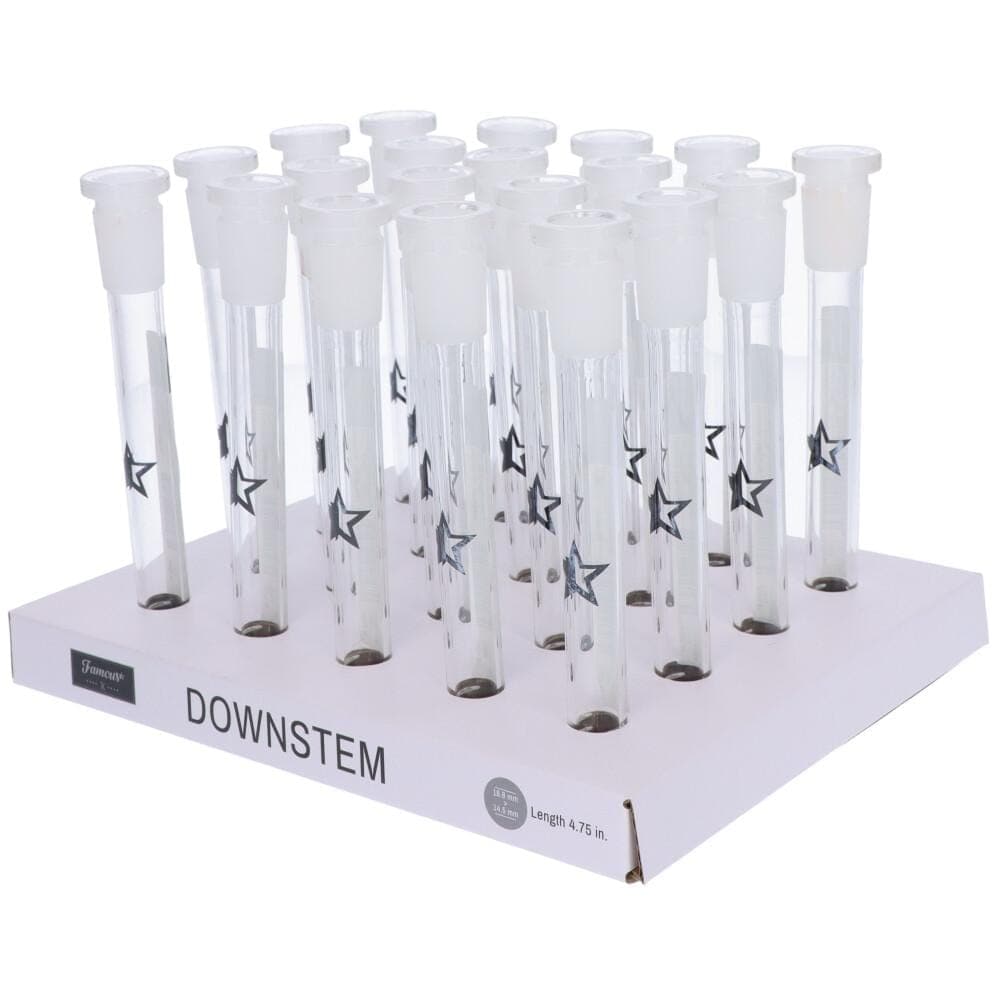 A close-up of the Famous X 4.75" Downstem, showcasing its clear glass construction and cylindrical shape against a plain background.