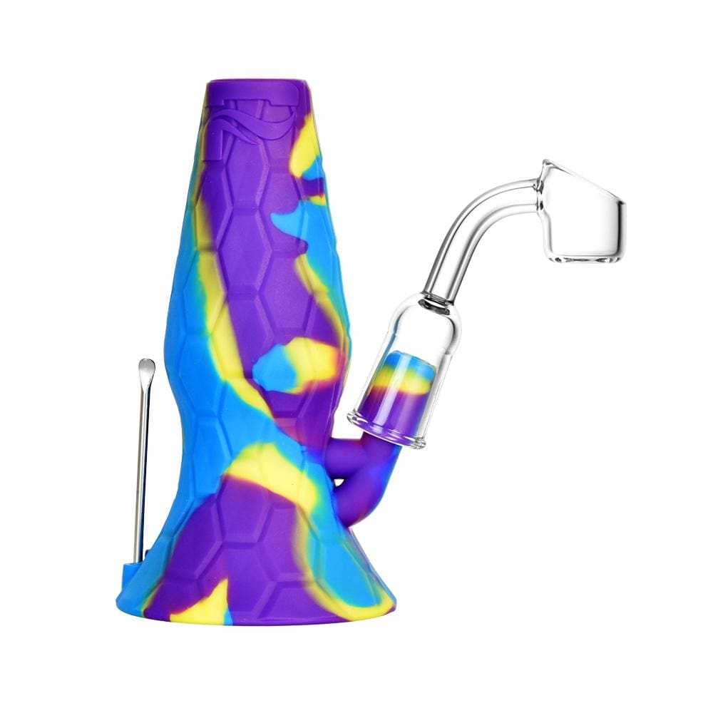 Front view of the Pulsar RIP Series Mini Lava Flow Dual Rig, showcasing a colorful, lava-patterned glass piece with a dual-functionality joint.