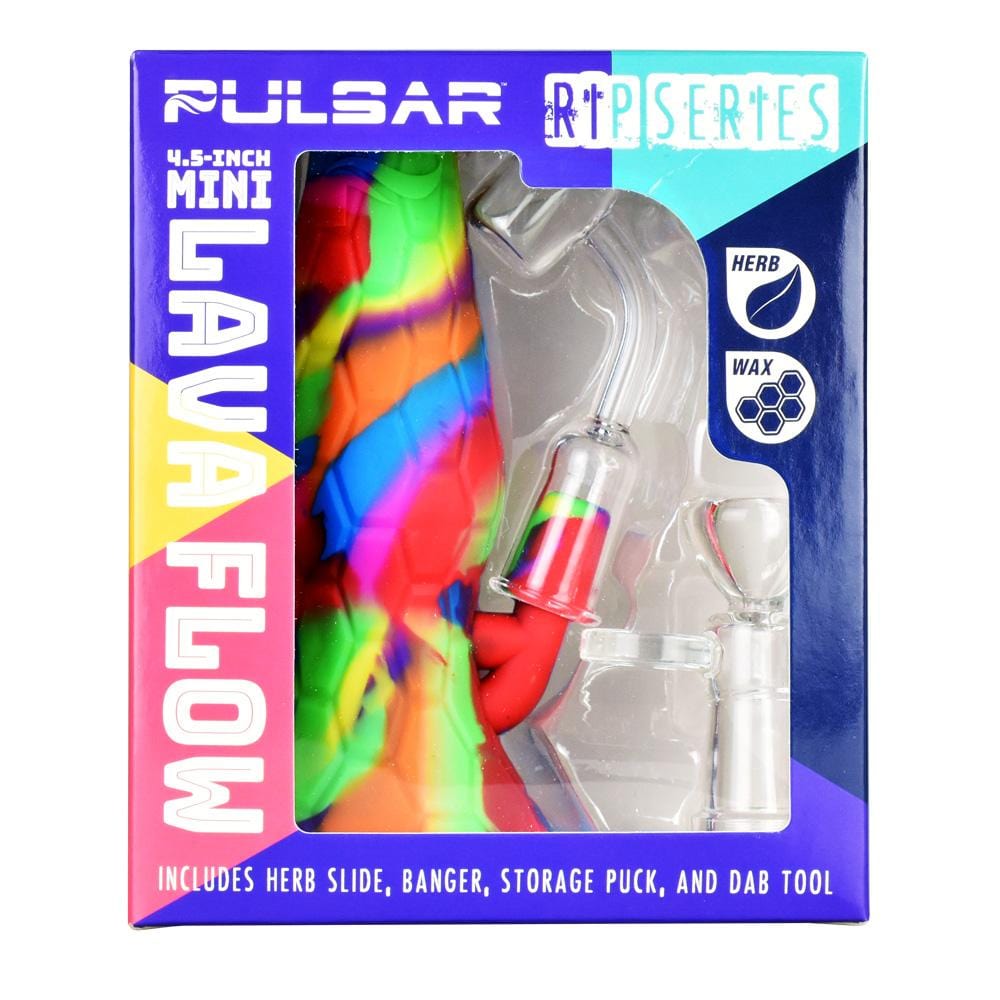 A close-up, angled view of the Pulsar RIP Series Mini Lava Flow Dual Rig, showcasing its colorful design and compact size.