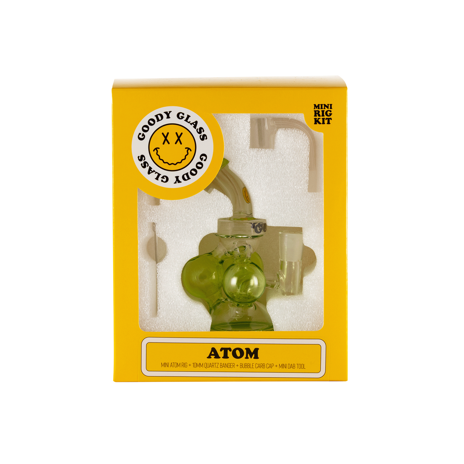 Front view of the Goody Glass - Atom Mini Dab Rig 4-Piece Kit, showcasing the glass rig against a plain black backdrop.