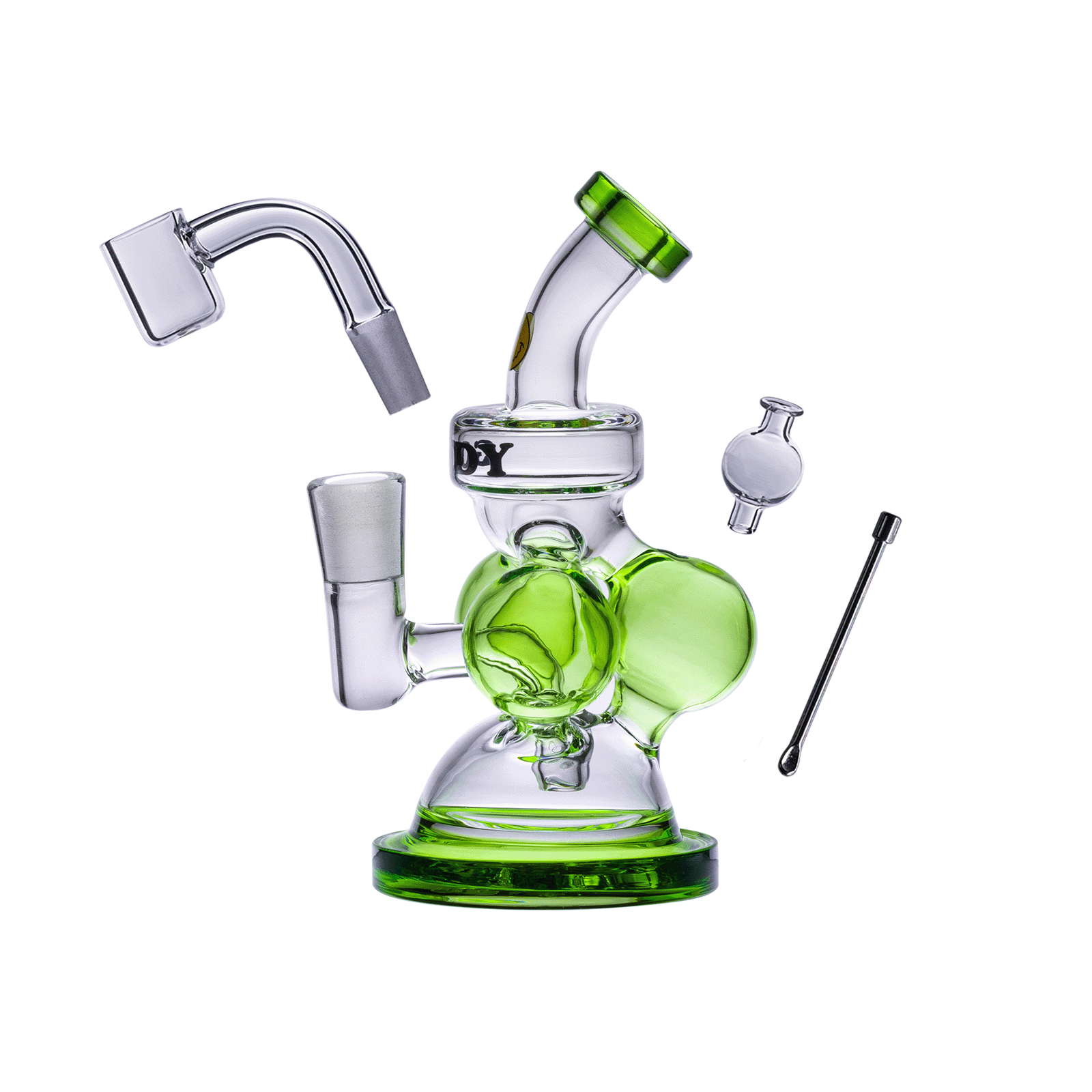 A close-up, angled view of the Goody Glass - Atom Mini Dab Rig 4-Piece Kit, showcasing its clear glass construction and compact size.