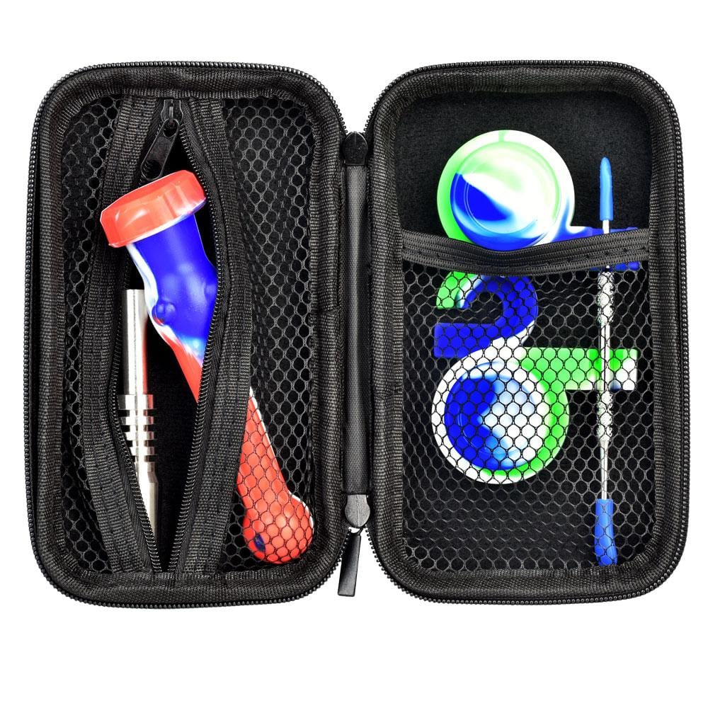 Open view of the Portable Silicone Dab Travel Kit, displaying a red dab tool and a clear glass oil rig inside a black zippered case.