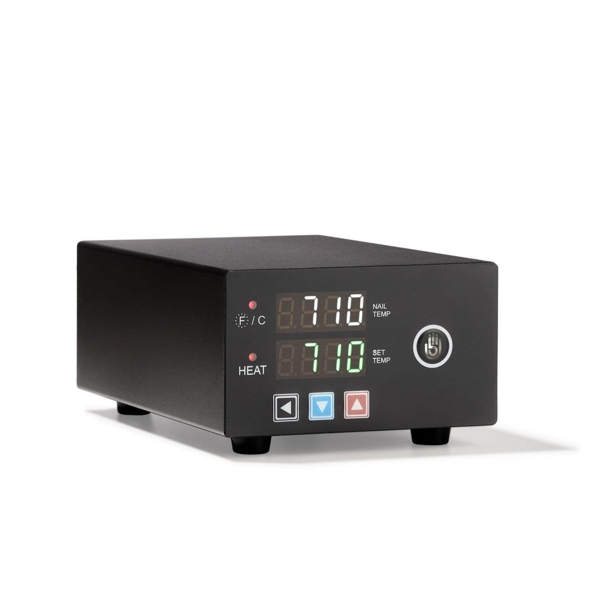 Front view of the Micro E-Nail Quartz E-Banger Kit displaying a digital temperature readout on its black casing.