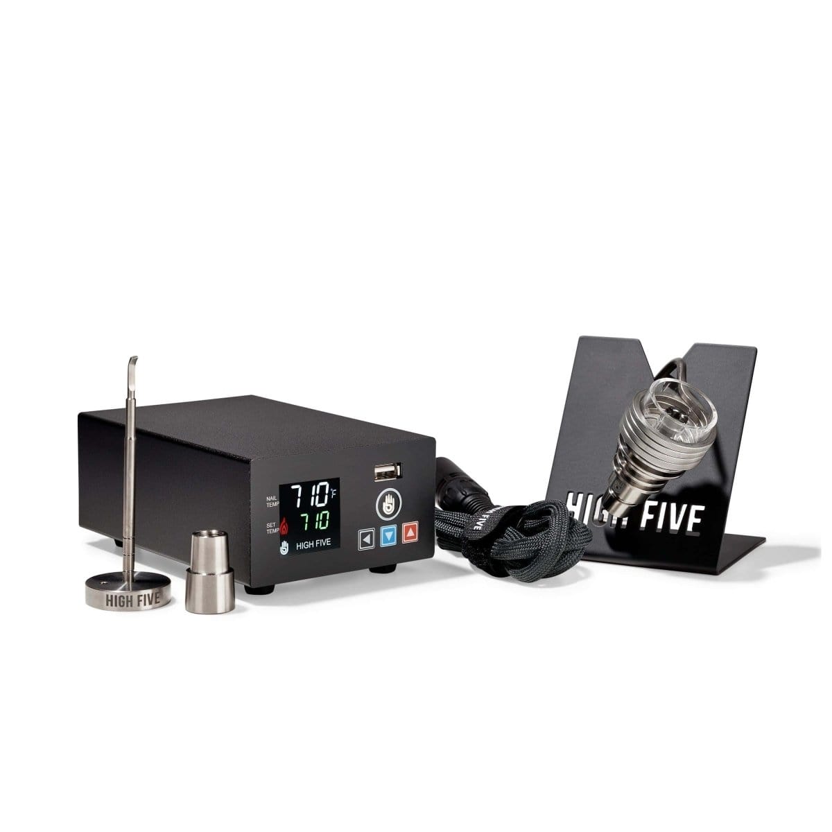 Studio-lit three-quarter view of the black LCD E-Nail Hybrid Nail Kit showing the controller with a 710°F display, cable, and stand.
