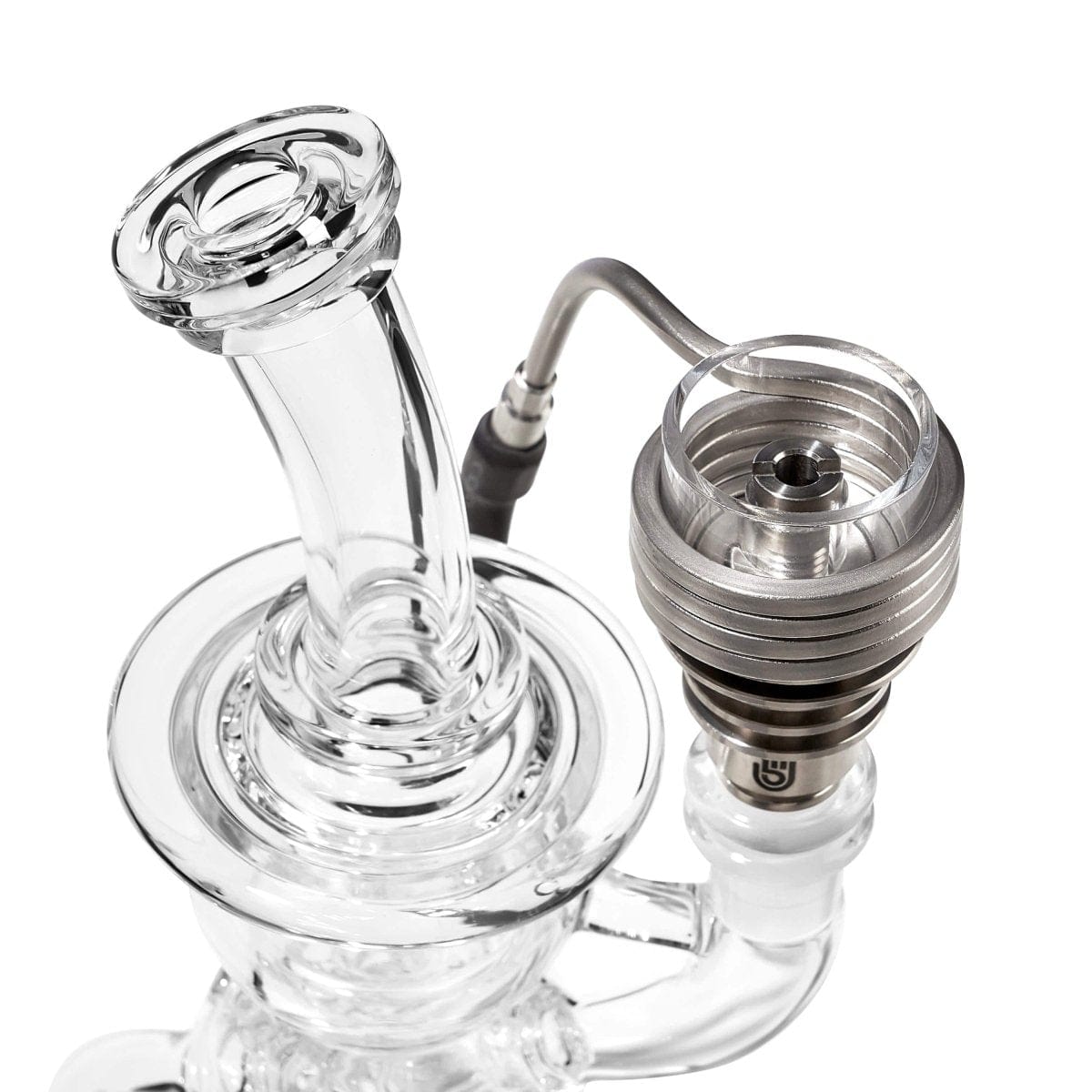 A close-up, angled view of the LCD E-Nail Hybrid Nail Kit, showing the ceramic nail attached to the glass joint.