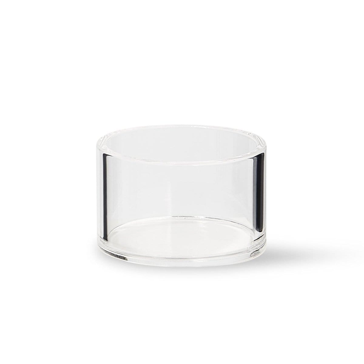 Simple studio shot of a clear Quartz E-Banger Insert (2 Pack) 30mm glass cylinder viewed slightly from above on a white background