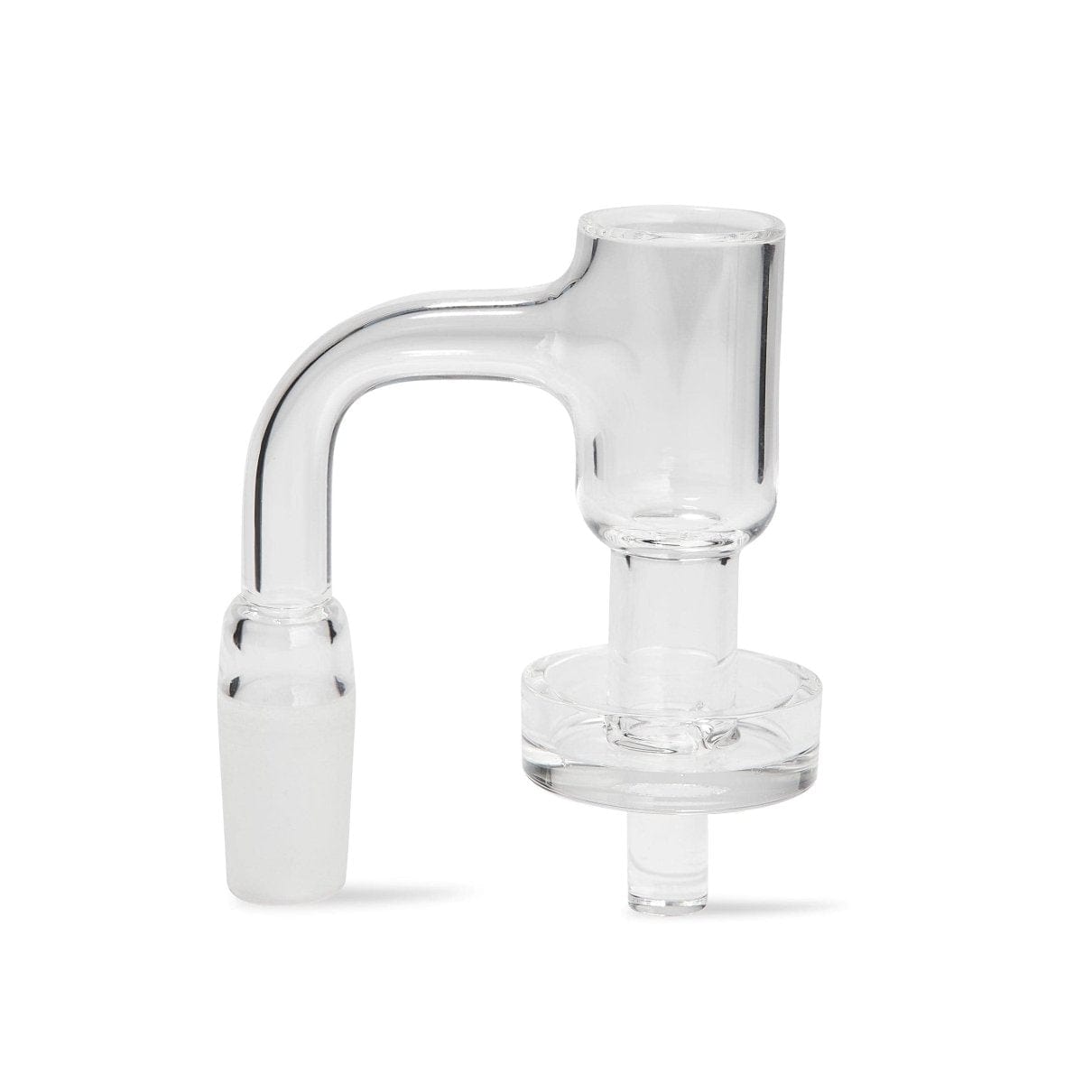 A close-up, angled view of the Terp E-Slurper 14mm Male, showcasing its clear glass construction and unique carb hole design.