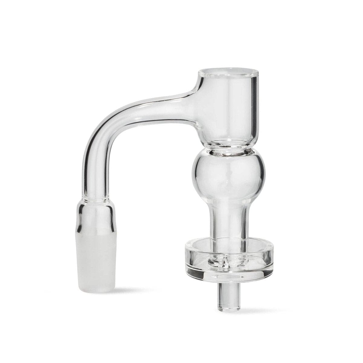 A close-up, angled view of the Orb Terp E-Slurper 14mm Male, showcasing its clear glass construction and unique shape.