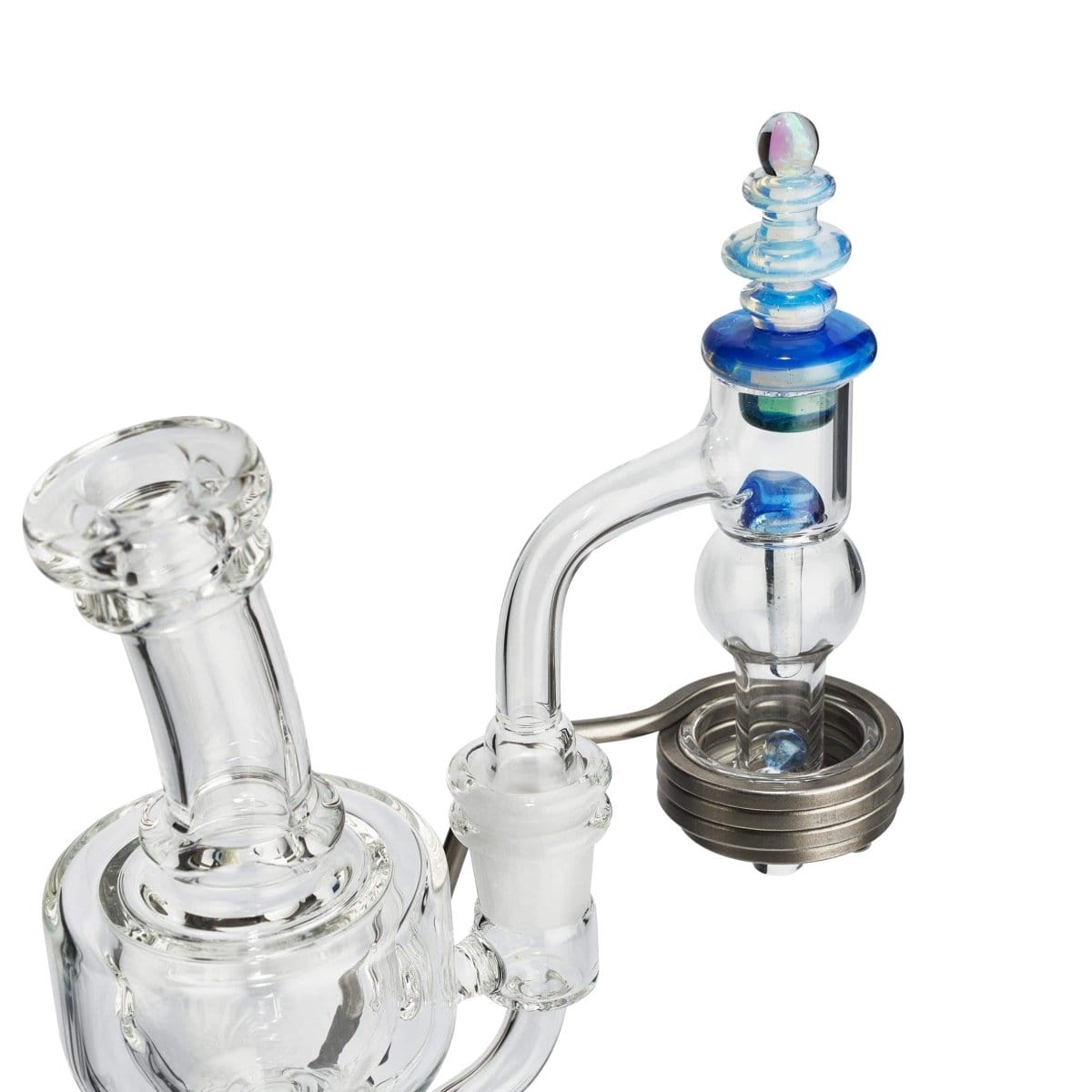 A close-up, angled view of the Orb Terp E-Slurper 14mm Male, showing its clear glass construction and rounded tip.