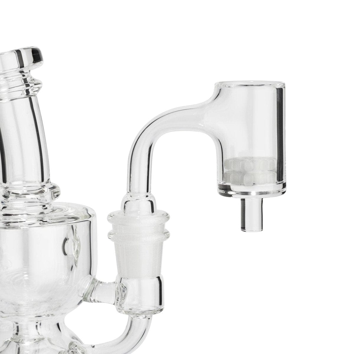 Close-up side view of a clear Quartz E-Banger Opaque Gear Insert attached to a glass joint, shown against a white background.