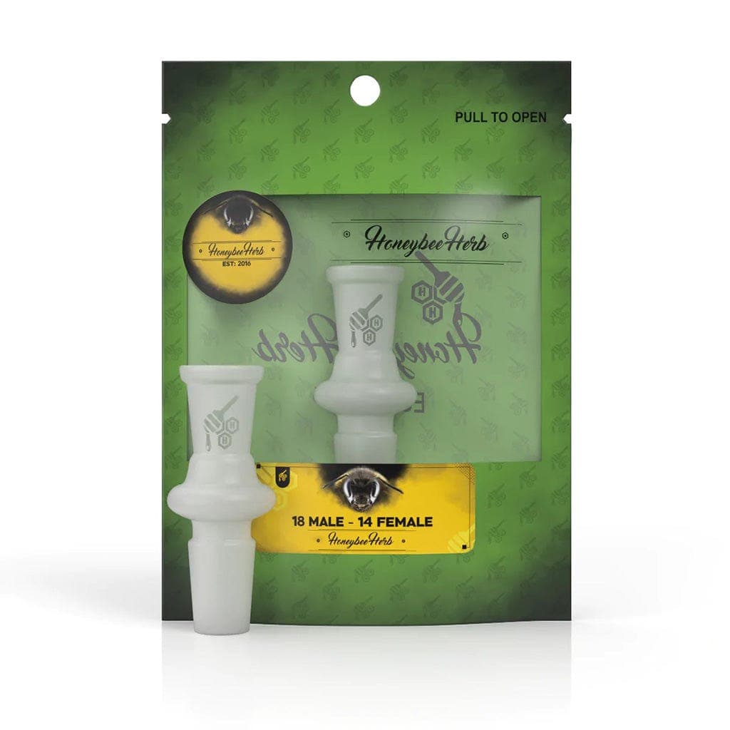 Front view of the Honeybee Herb Glass Converter Adapter, showcasing its clear glass construction and simple cylindrical shape.