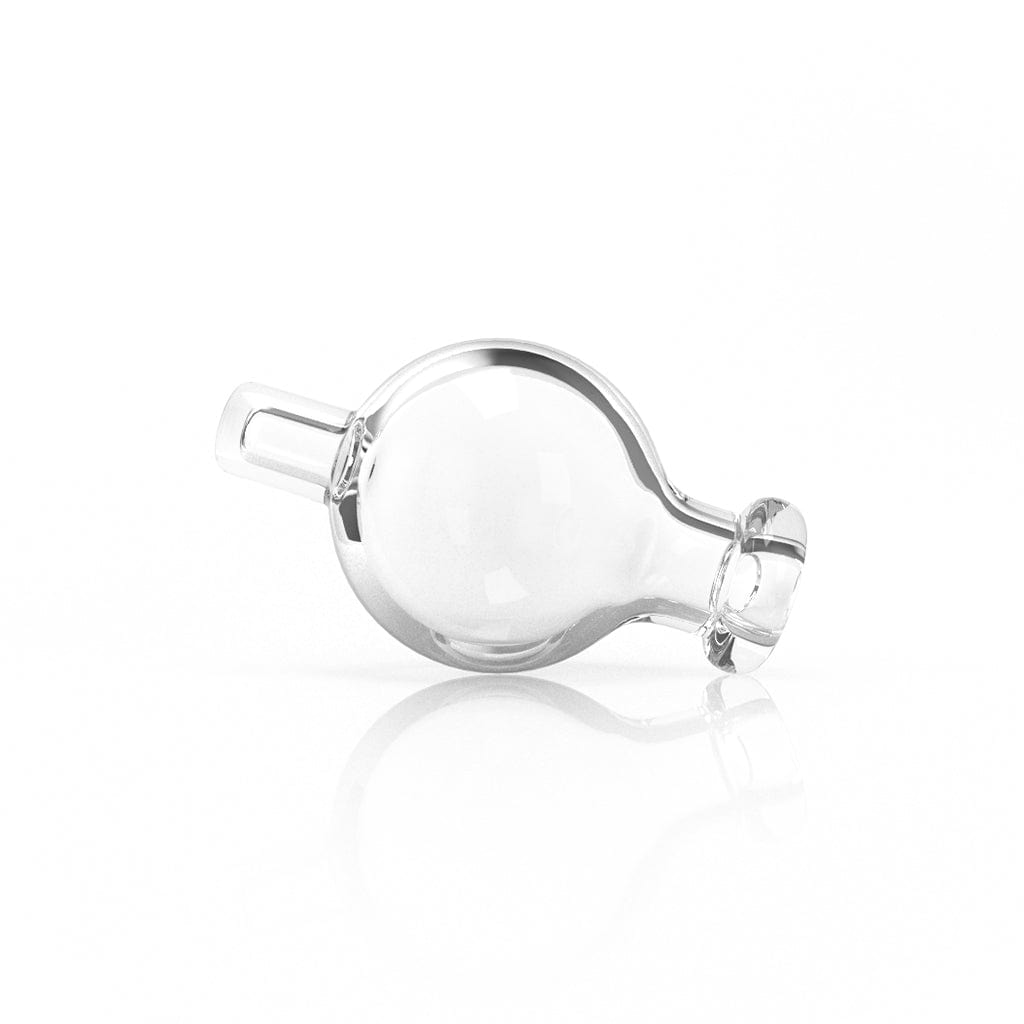 Side view of a clear Honey Bubble Carb Cap showing its spherical 30mm body and short stem on a white reflective background.