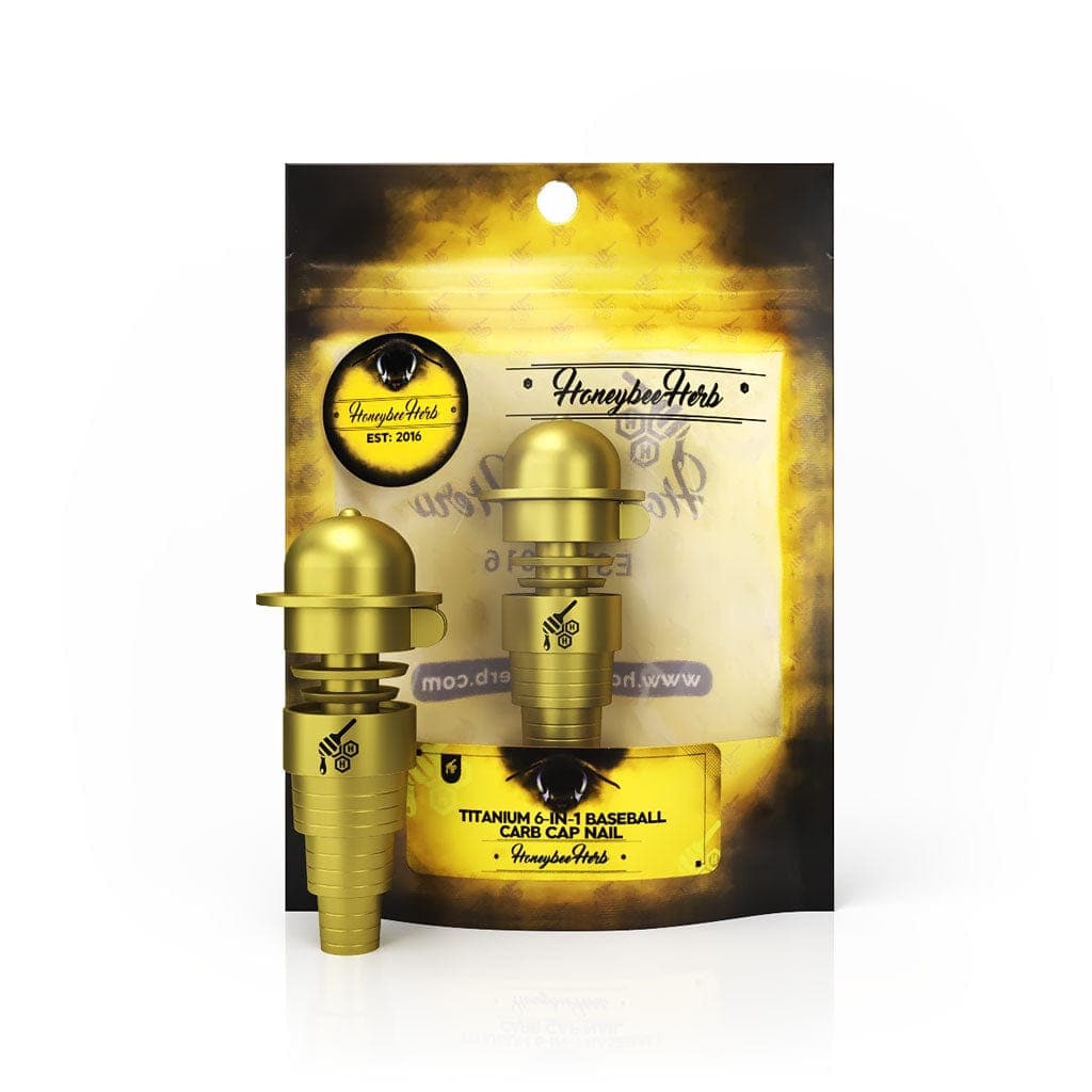 Front view of the Honeybee Herb Titanium 6-in-1 Baseball Carb Cap Dab Nail, showcasing its metallic sheen and detailed design.