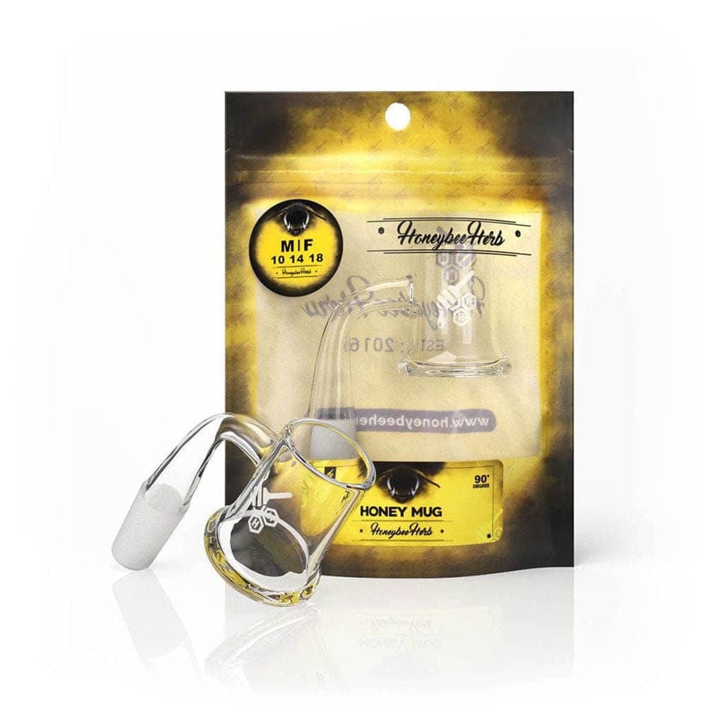 A close-up shot of the Honey Mug Quartz Banger - 90° with a yellow line, displaying its clean, polished surface.